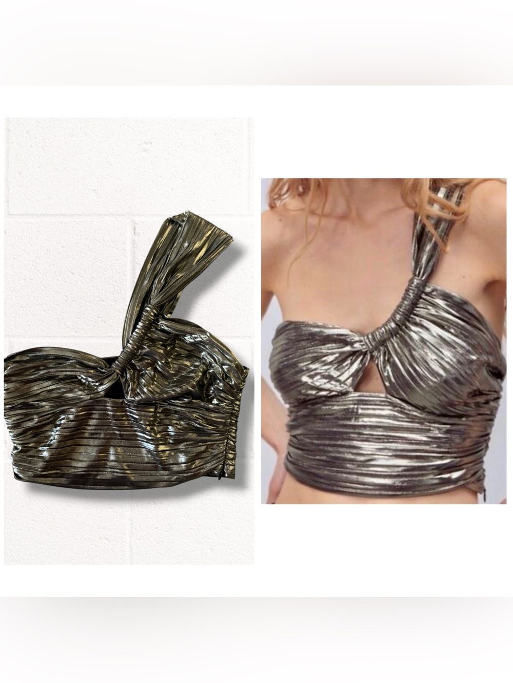 Zara Metallic One-Shoulder Twist Crop Top - Gold, Size Medium - Picture 6 of 9